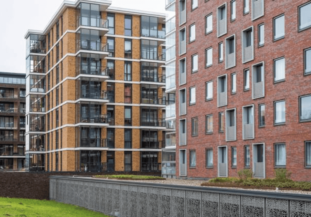 Modern brick apartment complex residential buildings