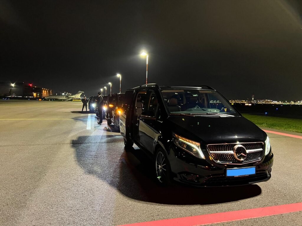 Mercedes chauffeur fleet airport tarmac night