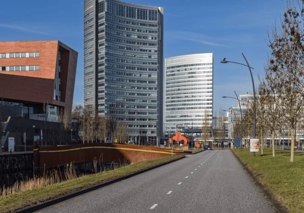 The Whale bridge (Python Bridge) area and nearby office buildings in Amsterdam.