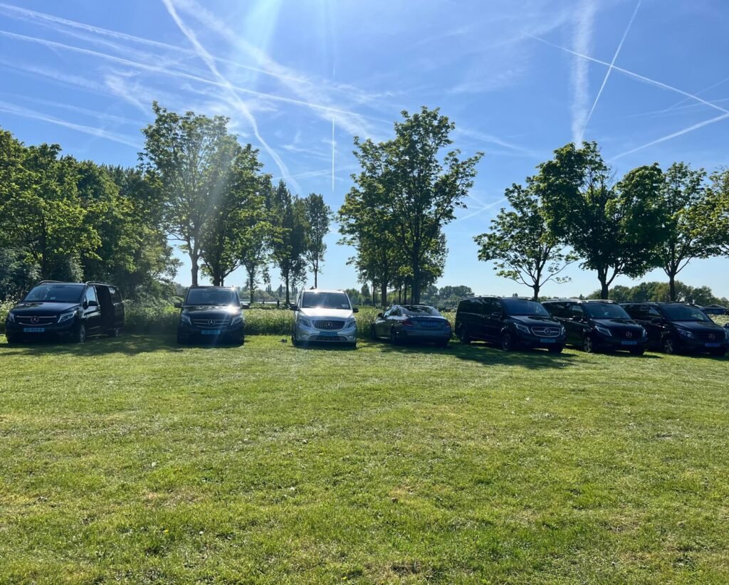 Row of Mercedes vehicles parked on grass under a sunny sky.