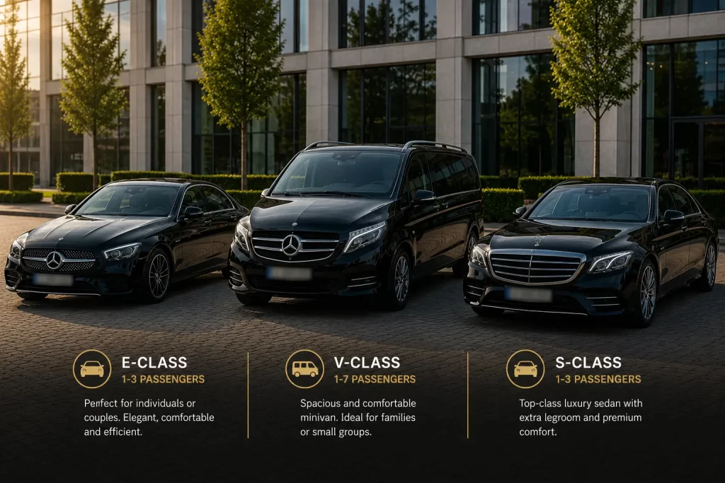 Luxury Mercedes fleet for Amsterdam airport transfers — E-Class, V-Class, S-Class