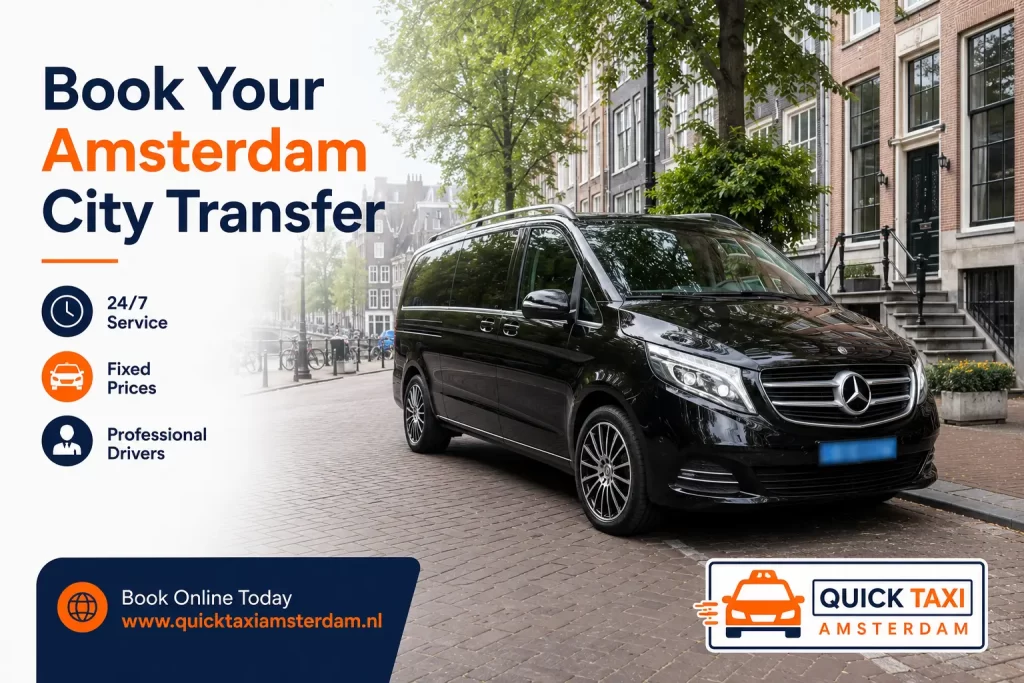 Book Amsterdam city transfer in a luxury Mercedes V-Class taxi with fixed prices and professional drivers