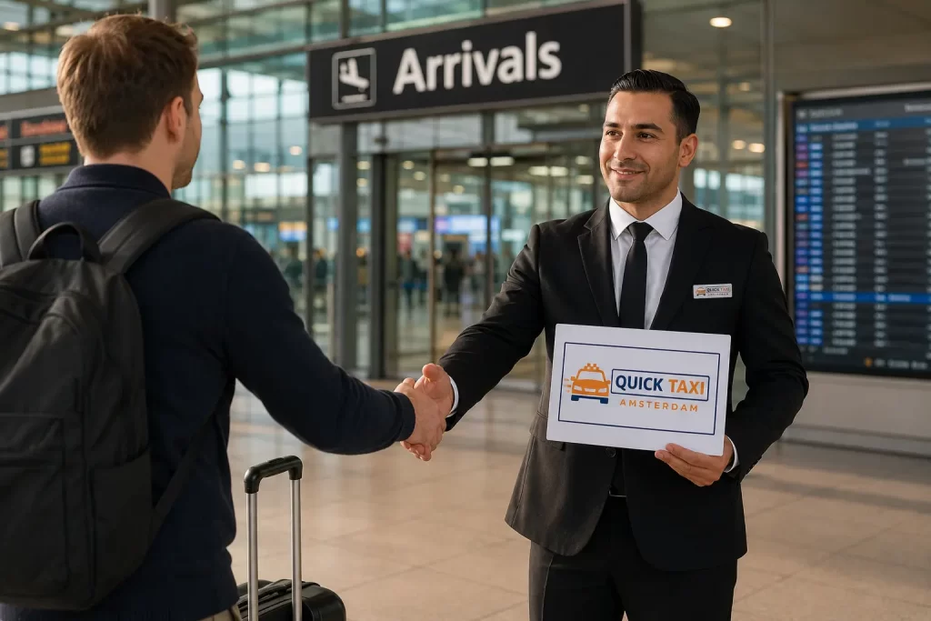 Driver meeting a passenger with a name sign at Schiphol Airport