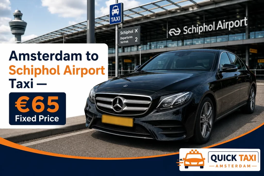 Amsterdam to Schiphol Airport taxi fixed price €65 transfer