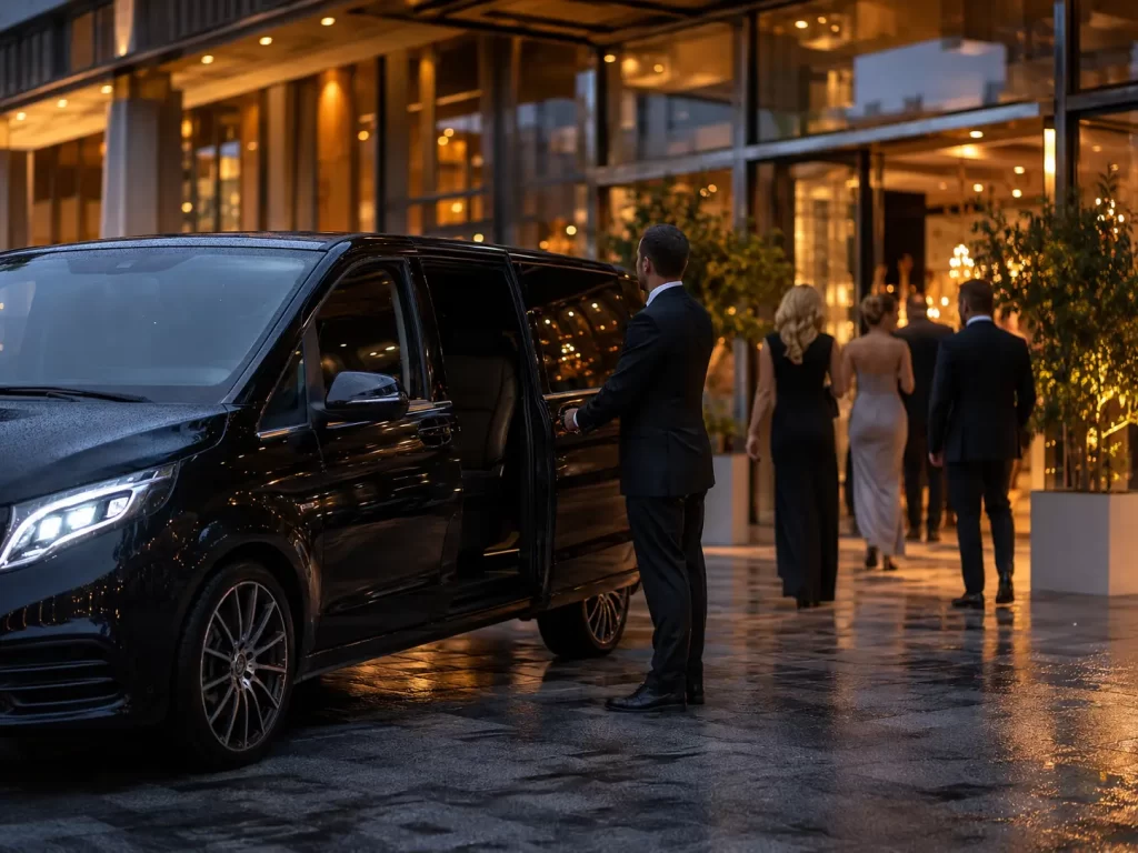 Luxury black Mercedes V-Class with chauffeur outside a modern Amsterdam event venue at dusk