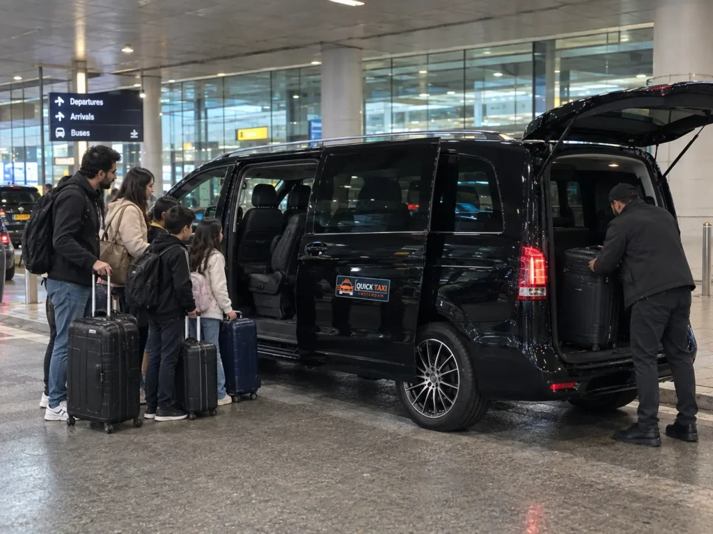 Family with several large suitcases beside a black 7 seater minibus at a Schiphol airport taxi pickup