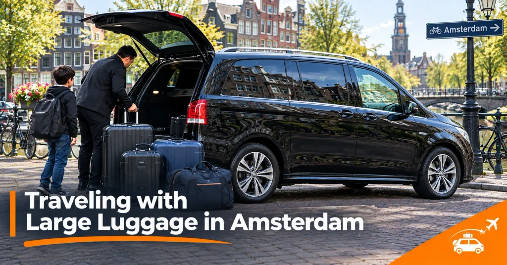 Traveling with large luggage in Amsterdam as a chauffeur loads suitcases into a taxi on a canal street