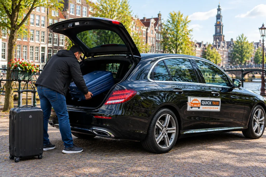Two large suitcases loaded in the trunk of an executive sedan airport taxi at Schiphol Amsterdam