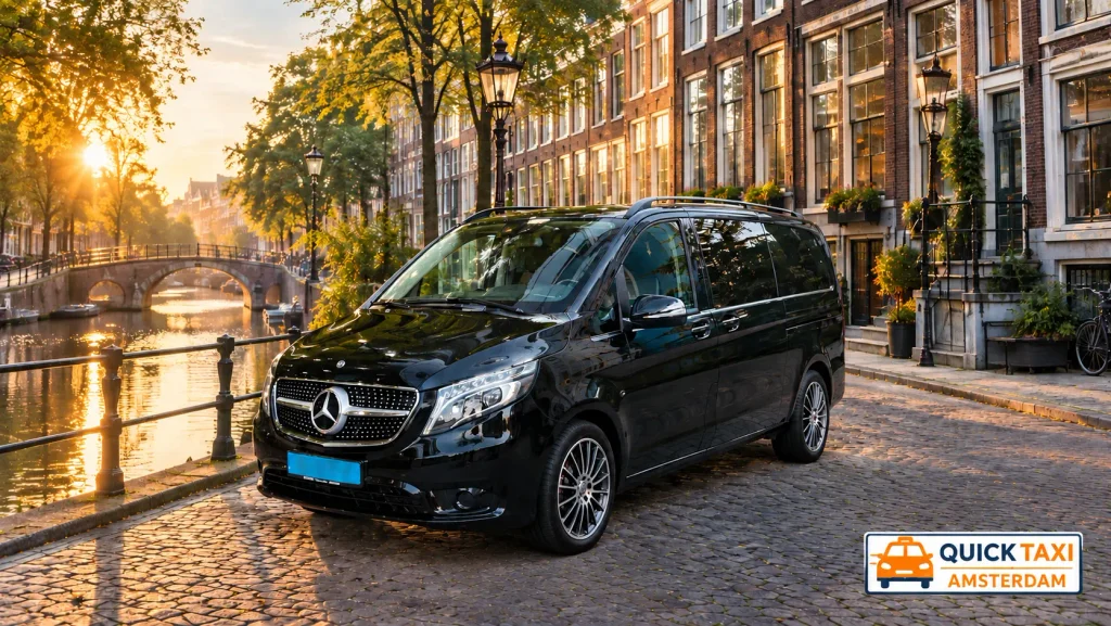 Family taxi Amsterdam Mercedes V-Class canal street departure morning transfer