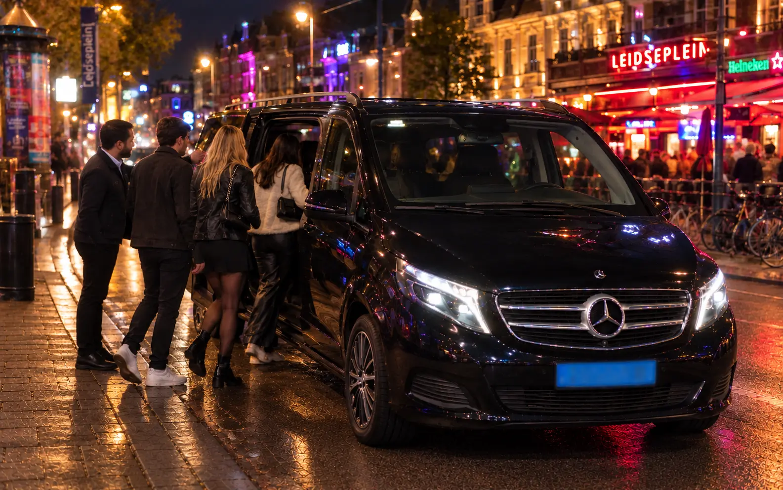 Night taxi pickup near Leidseplein Amsterdam